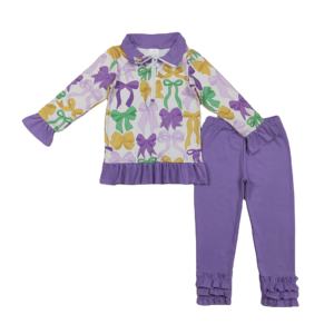 GLP2823 rts Venta al por Mayor Conjunto de Ropa Infantil de Manga Larga Informal con Estampado de Lazos Verdes, Amarillos y Morados para Niña - Product Image 1
