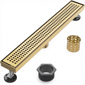 Drain de douche linéaire moderne en acier inoxydable AISI 304 de 24 pouces, finition or brossé, grille amovible, <span class=keywords><strong>pieds</strong></span> réglables, rectangulaire pour sol - Product Image 1