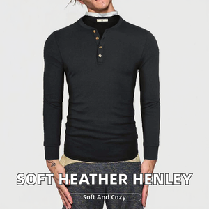 Camiseta Henley de Algodón 100% Suave como la Mantequilla, Lisa, Teñida, con Dobladillo Curvo, Color Gris Jaspeado, Superventas - Product Image 2