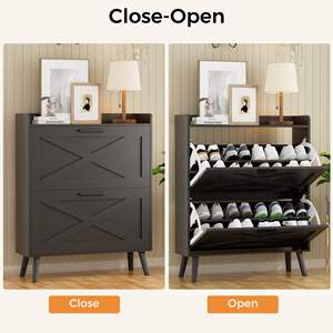 Meuble de rangement à chaussures moderne et durable avec 2 tiroirs rabattables et design à portes coulissantes, étagères réglables, meuble à chaussures étroit et fin pour entrée - Product Image 5