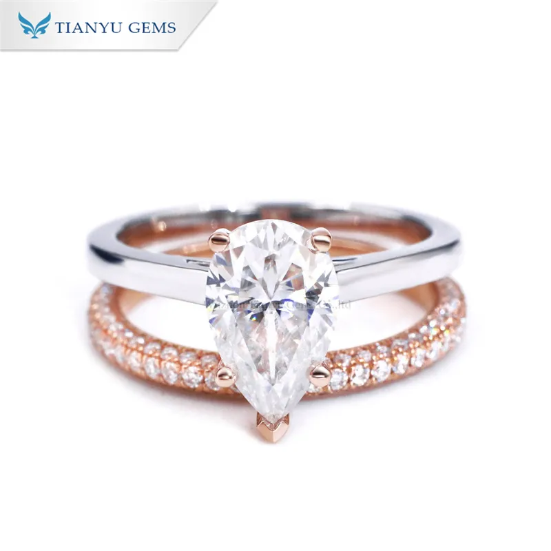 Tianyu đá quý thiết kế thời trang hai giai điệu thiết kế nguyên chất vàng nguyên chất Pear moissanite kim cương nhẫn cưới Set