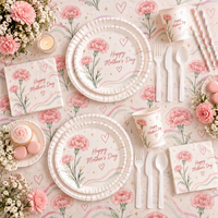 Articles pour la fête des mères : Assiettes, gobelets, serviettes, nappe, bannière décorative à motif de carnations roses, ensembles de vaisselle jetable pour la fête des mères