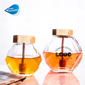 Forma unica 250g 500g 1000g bottiglie di miele vuote barattoli di miele in vetro trasparente con pettine di miele con coperchio in legno cucchiaio e mestolo
