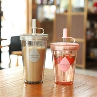 Vaso de jugo aislado de doble capa de gran capacidad moderno, vaso de plástico de grado alimenticio con tapa antipolvo