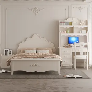 美国卧室家具木制雕刻装饰床仿古特大床卧室家具奶油床