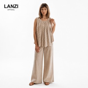 Débardeur en lin sans manches pour femme, à pois, col plissé, avec lien latéral, coupe ample, décontracté, pour le printemps et l'été, étiquettes personnalisées OEM, vente en gros - Product Image 2