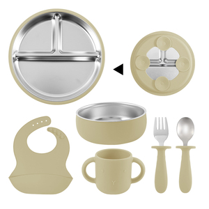 Vaisselle ronde pour enfants divisée en compartiments, assiettes en acier inoxydable pour bébé, manchons en silicone avec ventouses - Product Image 5