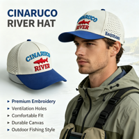 Casquette de baseball structurée pour la pêche en plein air, bicolore, personnalisée, avec broderie 3D en relief de poisson, découpée au laser et dotée de trous de ventilation respirants