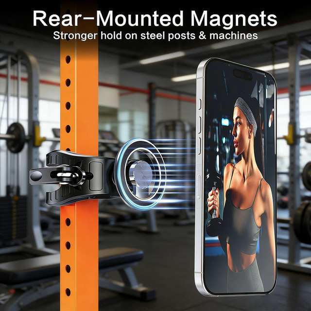 Gym Magnetic Aluminium Alloy Phone Holder Clamp Nylon 360 Rotation Mount Fitness Machine Bike Golf Cart Stroller Steering