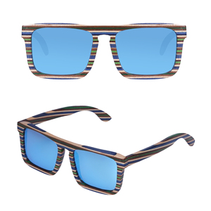 Gafas de Sol de Bambú con Lentes Azules Espejo, Estilo Moderno 2023, Protección UV, Montura con Rayas - Product Image 2