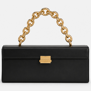 Bolso de mano rectangular largo negro <span class=keywords><strong>con</strong></span> asa de <span class=keywords><strong>cadena</strong></span> <span class=keywords><strong>dorada</strong></span> gruesa, bolso tipo caja estructurado estilo East West para mujer, bolso de hombro tipo clutch de noche - Product Image 3