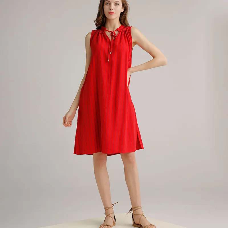 Red Sleeveless Cotton Swing Womens Casual Linen Dresses Shrinkle Neck red long dress linen Sleeveless shift dress