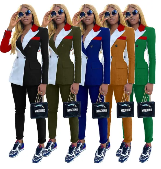 ladies office pants suit Casual fashion splicing women's suit plus size ladies slim sets for office wear uniform