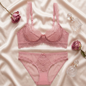 Conjunto de lencería romántico de encaje rosa con aros y tirantes ajustables para mujer, tallas grandes, con bragas de cintura media tipo bikini. - Product Image 4