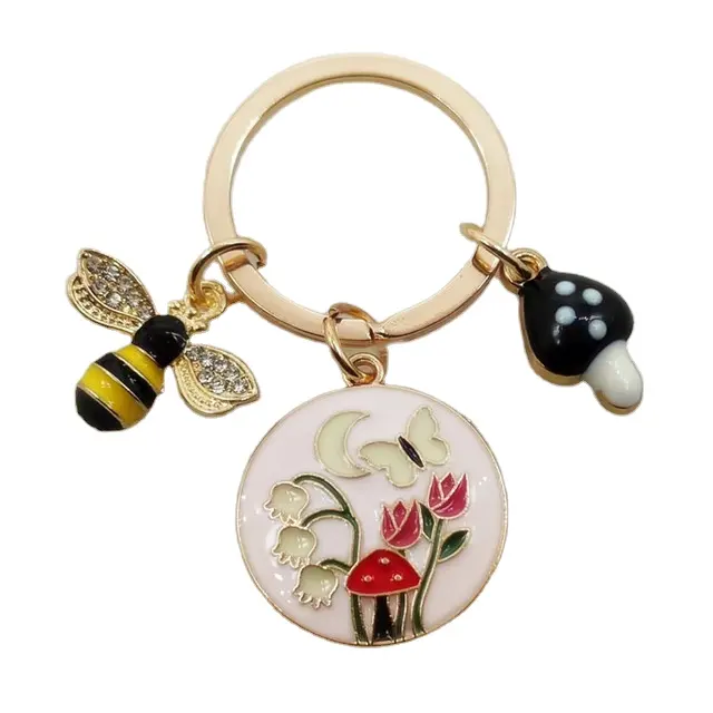 Sevimli emaye arı mantar bahçe çiçek anahtarlık bahçe mantar kelebek anahtarlık el yapımı takı hatıra hediye