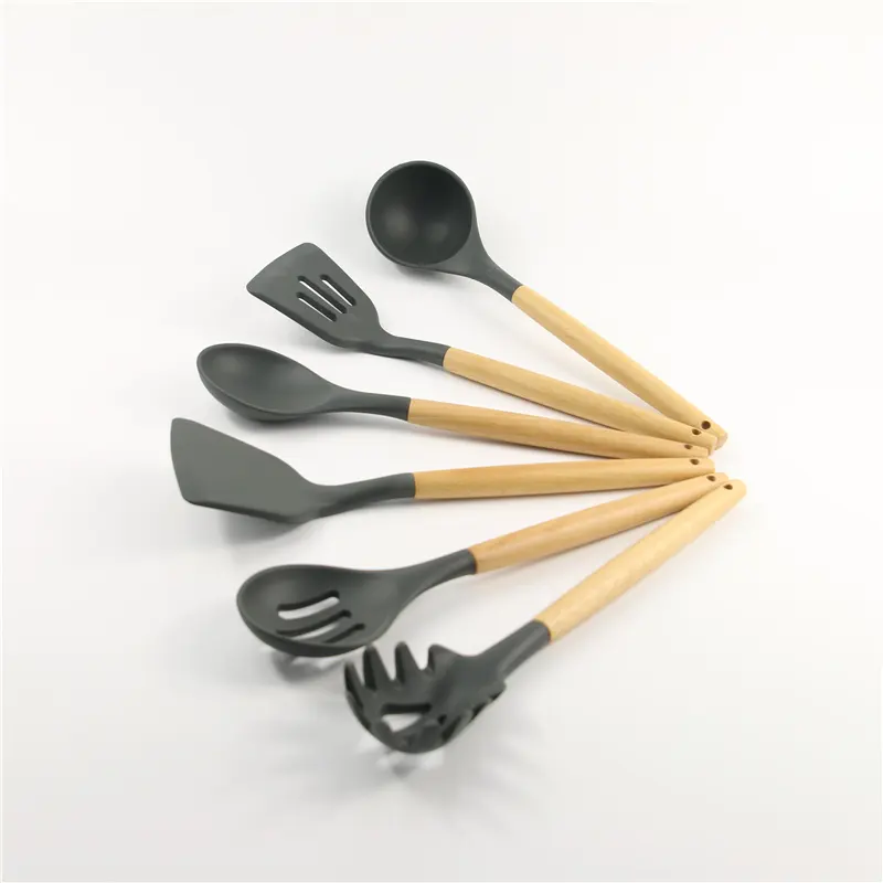 100% Food Grade Silicone Laddle Set Conjunto Utensílios De Cozinha Conjunto Conjuntos De Utensílios De Cozinha De Silicone Colher De Cozinha De Madeira De Seis Peças