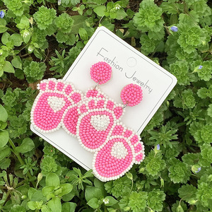 Boucles d'oreilles en perles de riz tissées à la main-Colorblock bleu rose avec motif de pieds de garçon fille | Bijoux à la mode pour jeunes femmes - Product Image 4