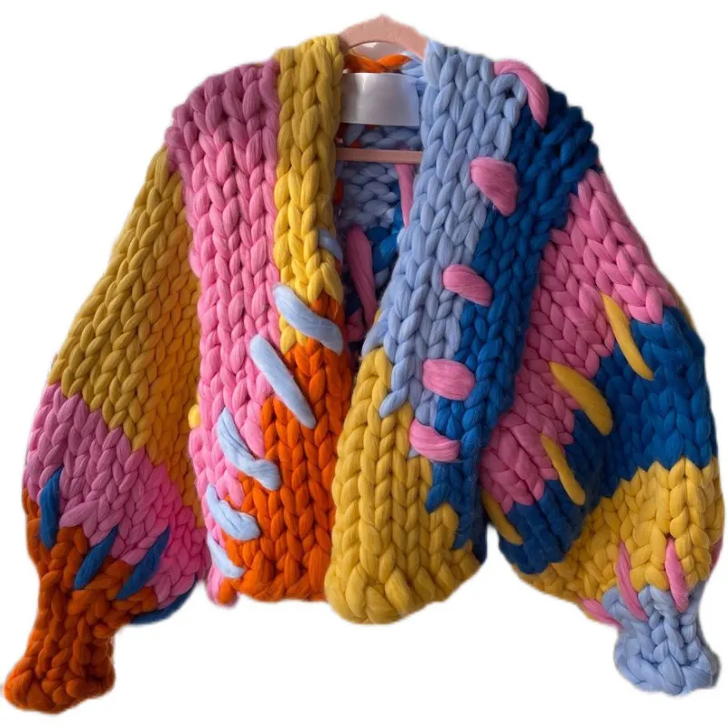 Super Chunky knit Oversized Cardigan Big Yarn Multi Color Sweater, Bulky Wool Knitwear