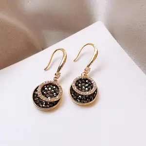 Korean Trendy Black Round Drop Earrings for Women Vintage Geometric Rhinestone Dangle Earring Girl Wedding Party Jewelry