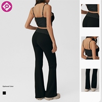 Set Yoga Wanita Motif Polkadot dengan Logo Kustom Grosir, Atasan Tali Spageti Seksi dan Celana Kaki Lebar untuk Pilates dan Olahraga