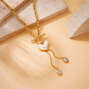 European American Style Retro Pearl Heart Tassel Chain Stainless Steel Gold Plated Necklace Gift - Product Image 3