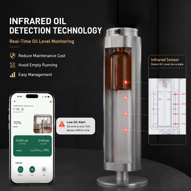 OEM ODM Commercial 500ml Hotel Scent Diffuser App Remote Control Aluminum Waterless Aroma Diffuser with Infrared Oil Detection