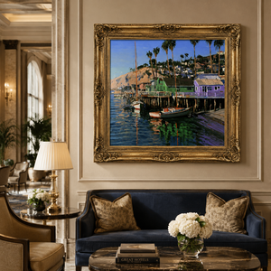 Dipinto a Olio Vintage di Porto e <span class=keywords><strong>Marina</strong></span>, Realizzato a Mano, Cornice Dorata, Arte Murale su Tela con Villaggio Costiero e Barche per Hotel/Villa/Ristorante - Product Image 3
