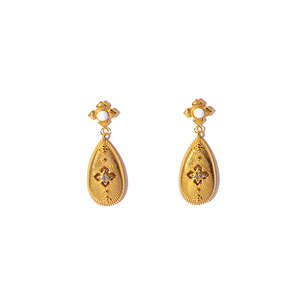Boucles d'oreilles pendantes tendance en acier inoxydable 316L plaqué or PVD, design goutte d'eau durable et résistant avec perle et cristal - Product Image 1
