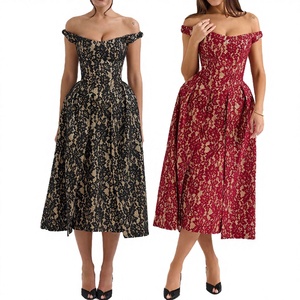 Women's Casual Off-the-Shoulder Backless A-Line Floor-Length <b>Spaghetti</b> <b>Strap</b> Floral Lace Print Skinny Fit Polyester Summer Party - Product Image 3