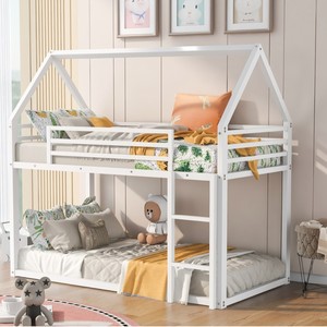 White Wooden Bunk <b>Bed</b> For Children With Ladder And Guardrail <b>House</b> Style Bedroom Furniture - Product Image 3