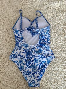 Custom Women's Blue Floral Print One Piece Swimsuit - Halter Neck with <b>Tummy</b> <b>Control</b>, Elegant Swimwear for Beach - Product Image 4