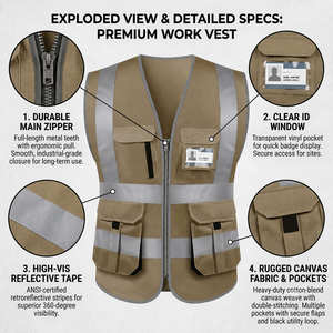 Gilet di Sicurezza Riflettente SMASYS Marrone Traspirante Multi-Tasca ad Alta Visibilità per Lavoratori Edili - Product Image 4