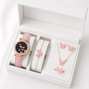 5PCS Women's Butterfly Gold Plated Trendy Wedding Engagement Jewelry Set <b>Watch</b> Ring <b>Necklace</b> Earrings Bracelet Without Box - Product Image 1