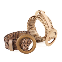 Ceinture en cuir PU tricotée décontractée vintage pour femmes, boucle en bois, tissu tressé élastique, couleur personnalisable - Accessoire de mode