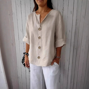 New women's European and American casual cotton <b>linen</b> satin T-shirt loose V-neck button casual solid color <b>top</b> - Product Image 3