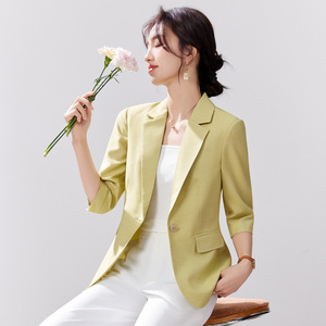 Women's Acetate Coated Blazer Three Quarter Sleeve Slim Fit Solid Color Versatile Summer Jacket For Petite Women - Product Image 4