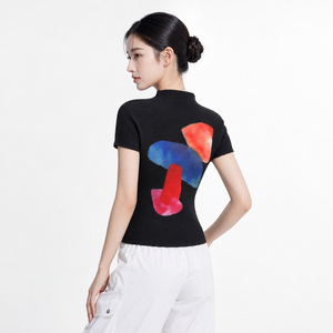 Kadınlar İçin Yüksek Yaka Pileli Bluz Kısa Kollu Sanatsal Soyut Baskılı Dikey Pileli Bluz Zarif Miyake Tarzı Slim Fit Gömlek - Product Image 5