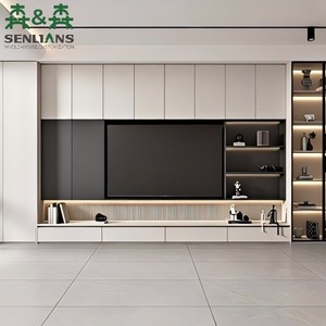 Mueble de TV color carbón crema con panel de pantalla acanalado, <span class=keywords><strong>ocho</strong></span> gabinetes superiores, torre de exhibición de vidrio y cajones sin tiradores - Product Image 1