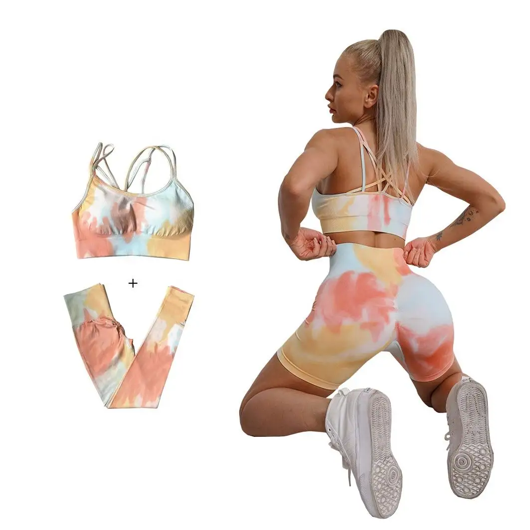3 Warna Baru Tie-Dye Mulus Set Wanita 2-Piece Set Tanaman Top Bra Cepat Kering Kebugaran Legging Yoga Set