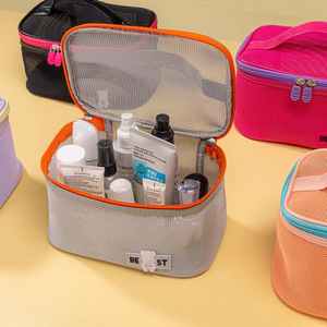 Mesh Makeup Bag Large Capacity Portable Round <b>Toiletry</b> <b>Storage</b> Bag For Women Travel Bathroom Use Gray Orange Sky Blue Purple - Product Image 2