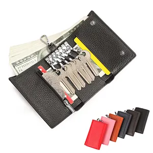Porta-chaves personalizado, carteira de couro de grão superior, porta-chaves para cartão, porta-chaves com padrão de lichia, carteira grande capacidade