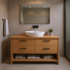 Meuble-lavabo de salle de bain moderne et minimaliste de 55,1 pouces de large en bois massif avec tiroirs et lavabo en céramique, finition brun clair - Product Image 2