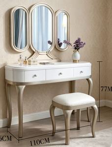 Classic Curved Leg Dressing <b>Table</b> Set, White Wood Makeup Vanity with Triple Fold <b>Mirror</b> & Upholstered Stool for Bedroom Vanity T - Product Image 1