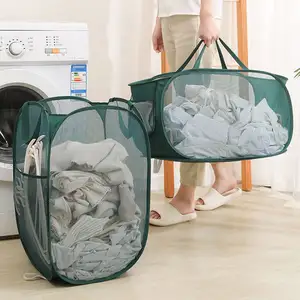 Keranjang cucian jaring dapat dilipat, keranjang penyimpanan pakaian kotor mainan kapasitas besar ditingkatkan berventilasi