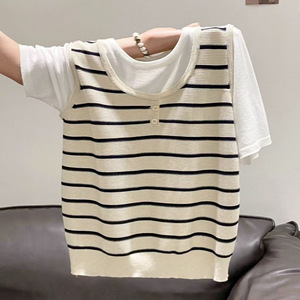 Women's Knit <b>Top</b> Two Piece <b>Patchwork</b> Short Sleeve Loose Fit Soft Summer Casual Wear - Product Image 1