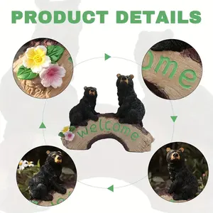 Statua da Giardino di <span class=keywords><strong>Orso</strong></span> Nero Carino, Realistico Coppia di Orsi in Resina Seduta su Ponte di Legno con Insegna 'Benvenuti', Decorazione Floreale Colorata - Product Image 6