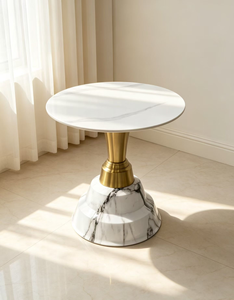 Table basse ronde blanche moderne avec plateau en pierre frittée à veines naturelles et base en pierre multicouche pour salon et hall d'entrée - Product Image 5