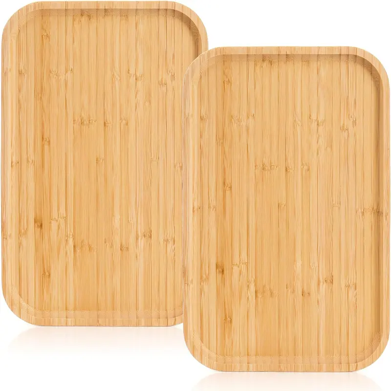 2 Pack Bamboo Tray Cheese Plate, Food Serving Saucer Wood Rectangular Platter for Coffee, Tea, Fruit, Plant Pot