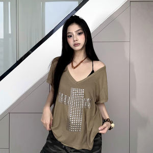 American Y2K Style <b>Cross</b> Rhinestone Off Shoulder V Neck Tee Women Loose Casual Street Fashion <b>Top</b> - Product Image 2