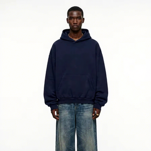 Sweat-shirt à capuche bleu marine uni pour homme, OEM ODM, décontracté, manches longues, avec poche kangourou, logo personnalisé - Product Image 1